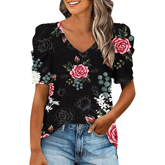 JuliaFashion - 2024 Women's Smocked Stitching V-neck Short-sleeved Printed T-shirt tops