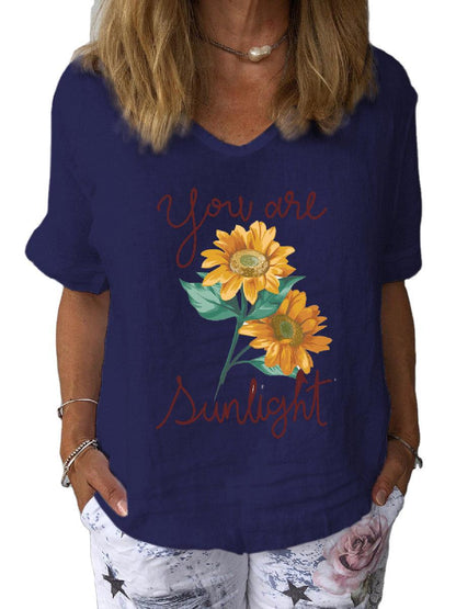 JuliaFashion - 2024 Women V-Neck Loose Casual Linen Petal Print T-Shirt