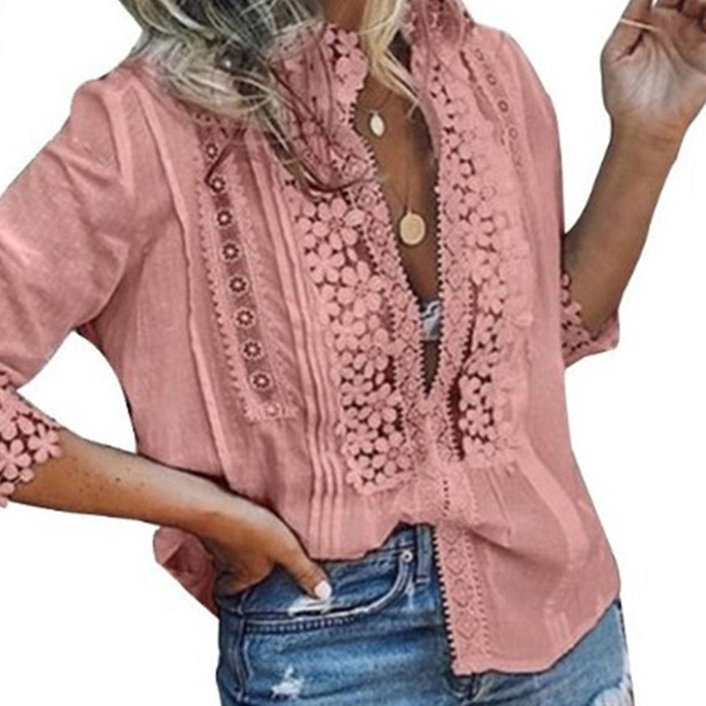 JuliaFashion - 2024 Women's Sexy Floral Embroidered Button Down Hollow Blouse