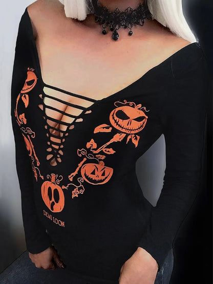 JuliaFashion-Halloween Pumpkin Face Lace-Up Blouse