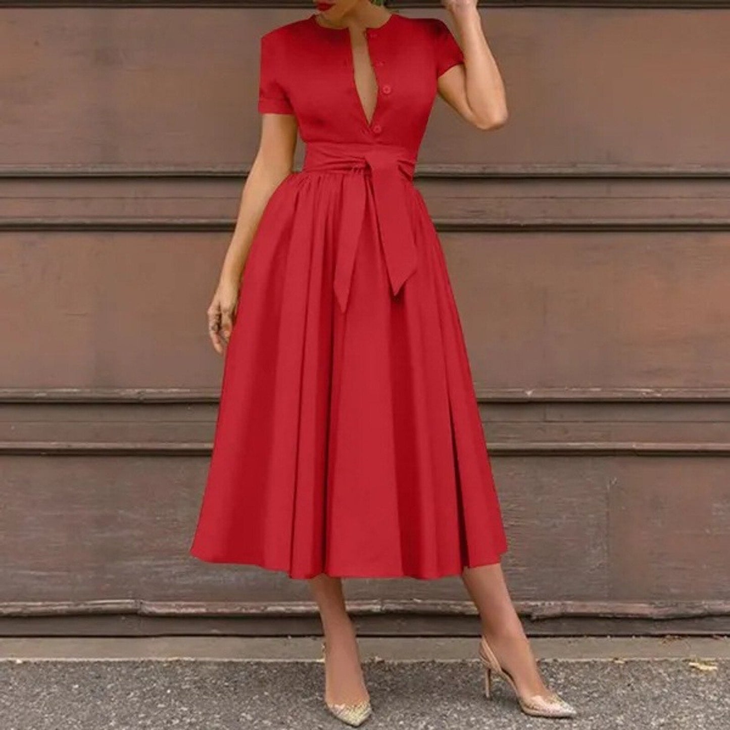 JuliaFashion - 2024 Vintage Solid Short Sleeve Maxi Dress