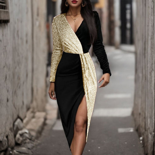 JuliaFashion-Luxury Black Gold Sequins High Waist Midi Dress