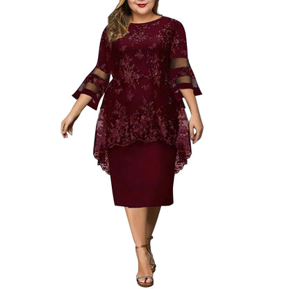 JuliaFashion-Plus Size Lace Mesh Elegant Midi Dress