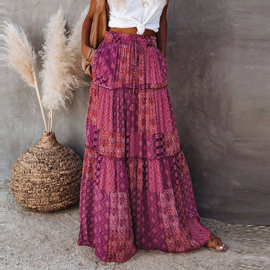 JuliaFashion-Bohemian A-line Flowy Maxi Skirt with Pockets