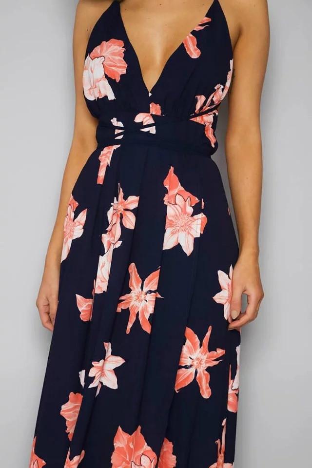 JuliaFashion-Floral Allover Plunging Neck High Slit Maxi Dress