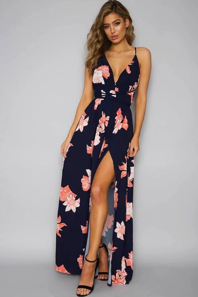 JuliaFashion-Floral Allover Plunging Neck High Slit Maxi Dress