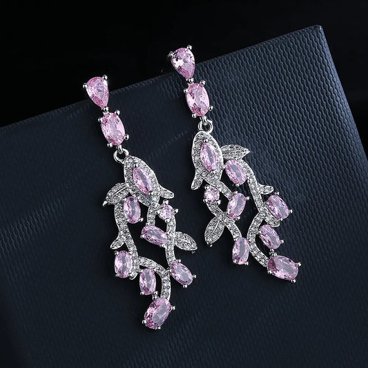 JuliaFashion-Luxury Pink Zirconia Leaf Earrings