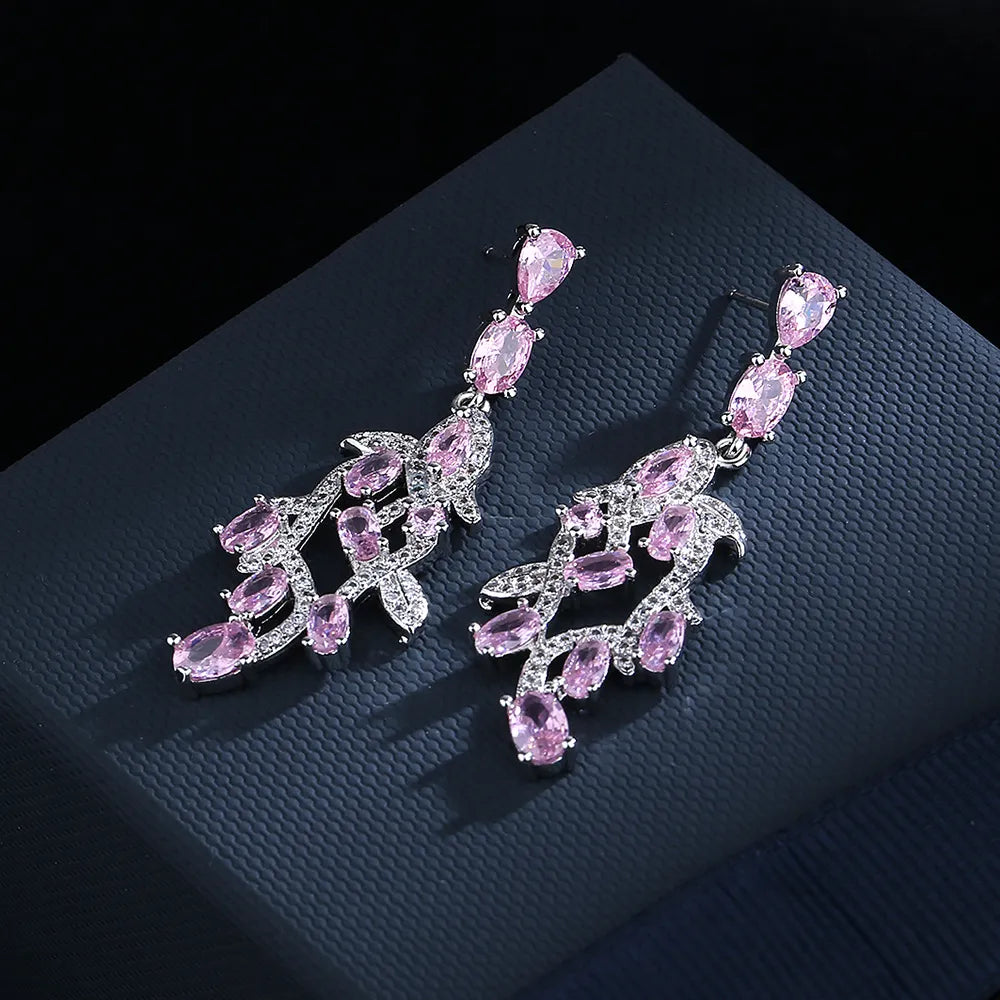 JuliaFashion-Luxury Pink Zirconia Leaf Earrings