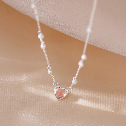 JuliaFashion-Pink Heart Crystal Silver Necklace