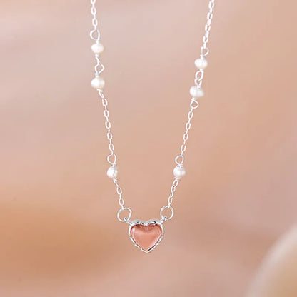 JuliaFashion-Pink Heart Crystal Silver Necklace