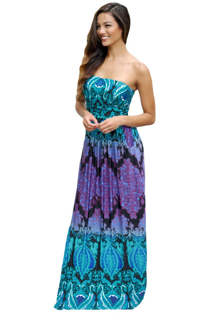 JuliaFashion-Aqua Purple Strapless Maxi Dress with Pockets