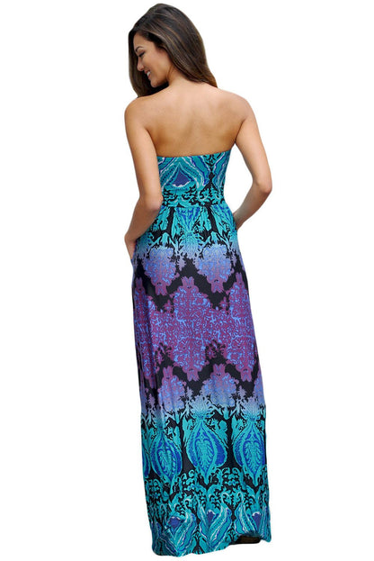 JuliaFashion-Aqua Purple Strapless Maxi Dress with Pockets