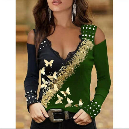 JuliaFashion - 2024 Women Sexy V Neck Lace Off Shoulder Butterfly Print T-Shirts