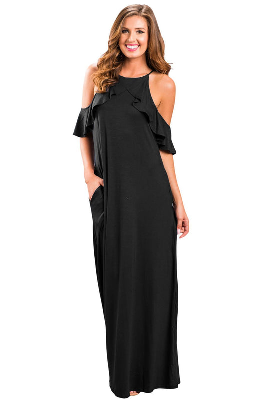 JuliaFashion-Black Ruffle Sleeve Cold Shoulder Maxi Dress