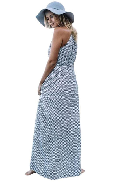 JuliaFashion-Fish Net Allover Printed Plunging Neck Maxi Dress