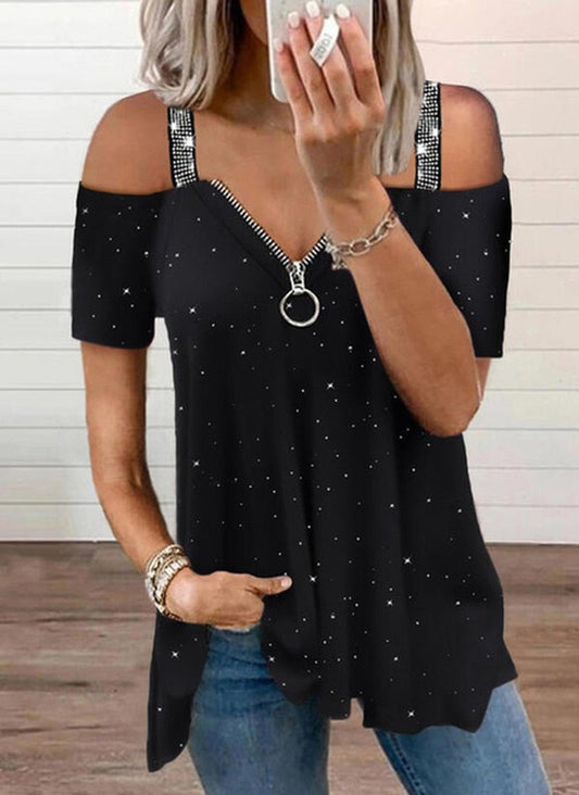 JuliaFashion - 2024 Women Summer Strap Elegant Tshirts Fashion Black Zipper V-neck Sexy Off Shoulder Y2k Tops