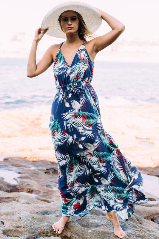 JuliaFashion-All Summer Long Palm Leaf Print Maxi Dress