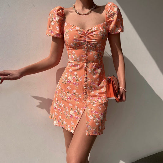 JuliaFashion-Floral Print Pleated Slim Fit Boho Dress
