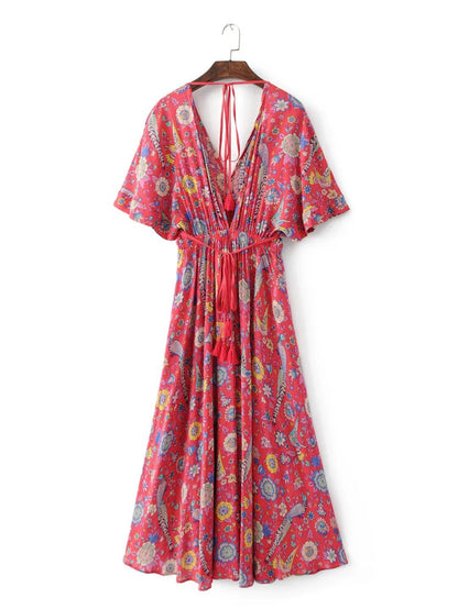 JuliaFashion-Boho Vibes Floral Print Plunging Neck Maxi Dress