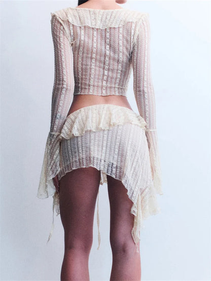 JuliaFashion - Flare Sleeve V-neck Lace  Ruffles Skirt Suits