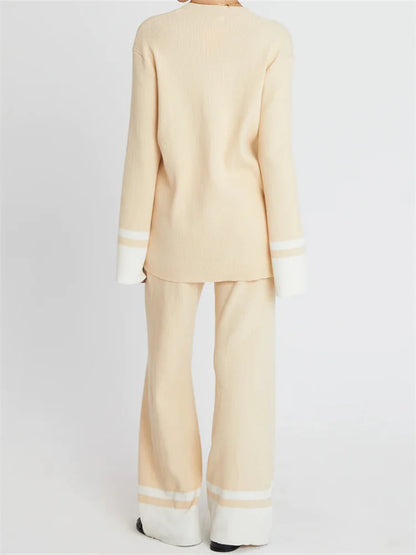 JuliaFashion - Elegant Contrast Color Sweaters Pants Suits