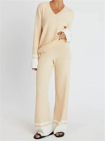 JuliaFashion - Elegant Contrast Color Sweaters Pants Suits