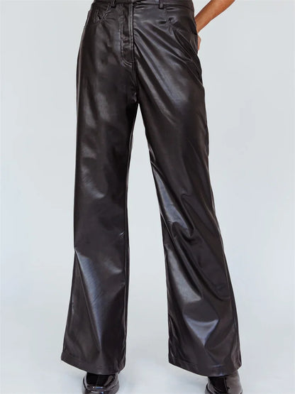 JuliaFashion - Streetwear Punk Style Faux Leather Button-Up Flare Trousers Pants