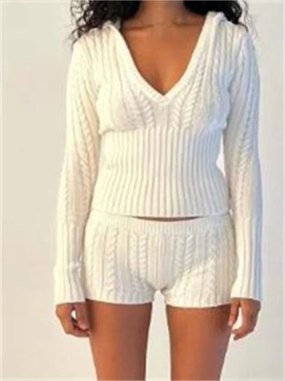JuliaFashion - Knitted Ribbed   Hooded V-neck  Tops Low Waist Shorts Suits