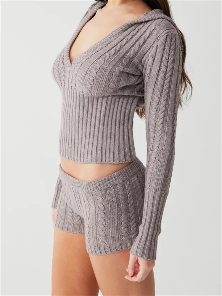 JuliaFashion - Knitted Ribbed   Hooded V-neck  Tops Low Waist Shorts Suits