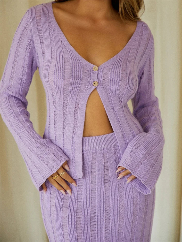 JuliaFashion - Buttons Up Sweater Tops High Waist Side Split Long Skirts Suits