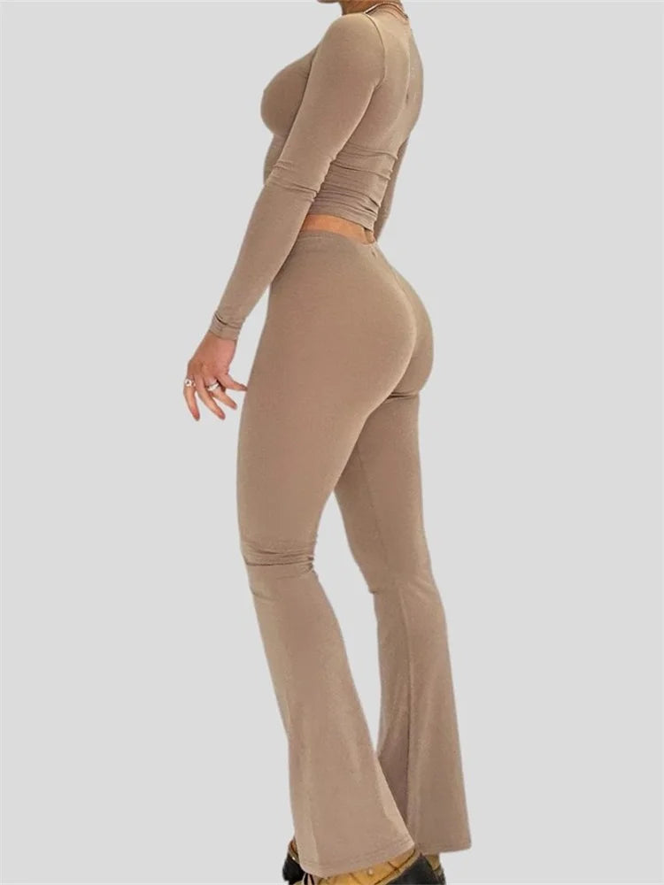 JuliaFashion - Spring Fall Solid Color O-neck Long Sleeve T-Shirts Flared Pants Suits