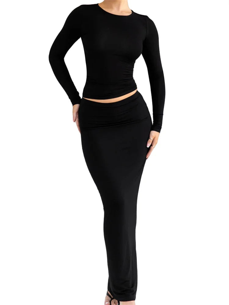 JuliaFashion - Solid Color O-neck Long Sleeve Slim Fit Basic T-Shirts Long Skirts Suits