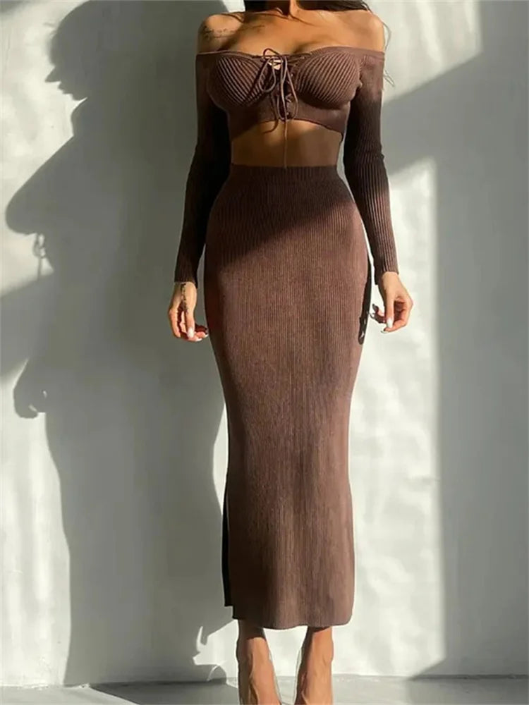 Off Shoulder Long Sleeve Tie-up Sweaters Long Skirts Suits