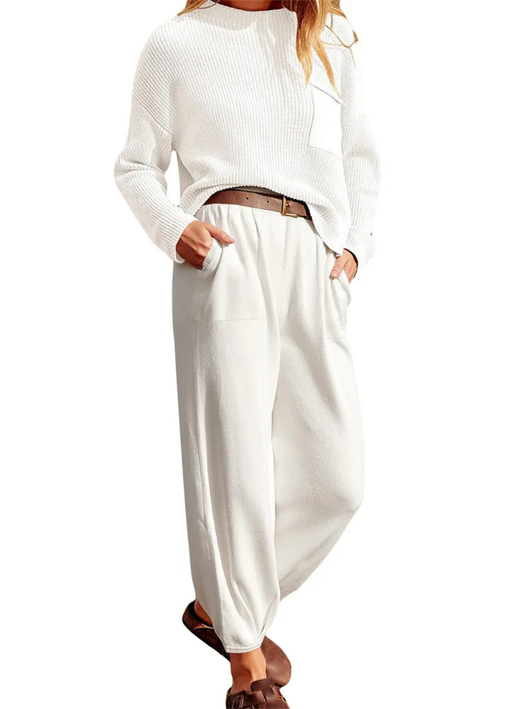 JuliaFashion - Knitted Sweaters Wide Leg Pants Suits
