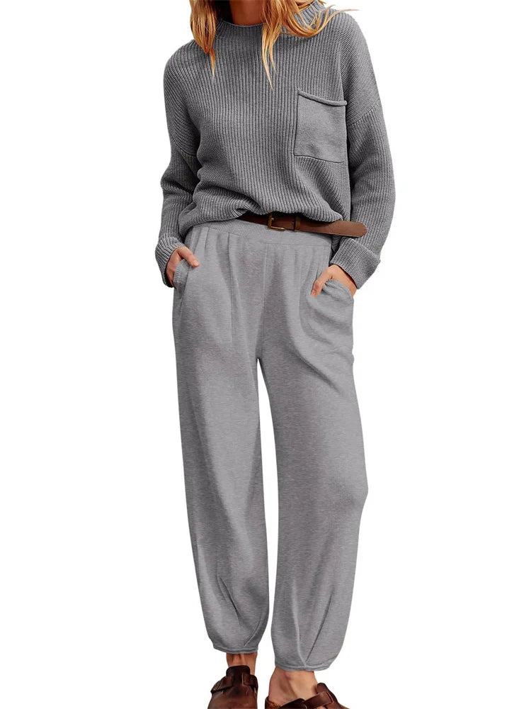 JuliaFashion - Knitted Sweaters Wide Leg Pants Suits