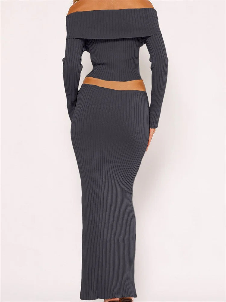 JuliaFashion - Slash Neck Off Shoulder Long Sleeve Ribbed Knitted Tops Long Skirts Suits