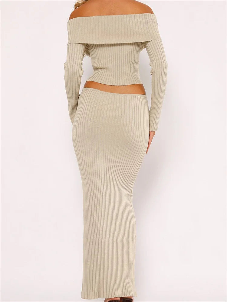JuliaFashion - Slash Neck Off Shoulder Long Sleeve Ribbed Knitted Tops Long Skirts Suits
