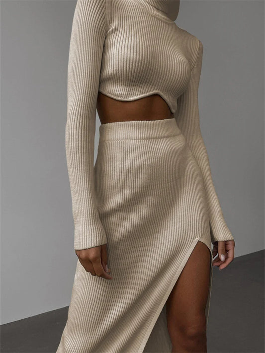 2pcs  High Neck Solid Knitted Sweater Skirt Suits