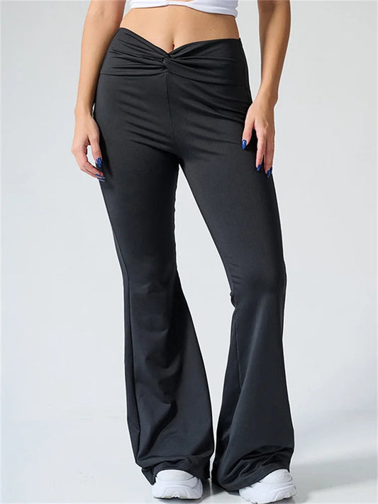Solid ColorFlare Ruched High Waist Slim Long Pants