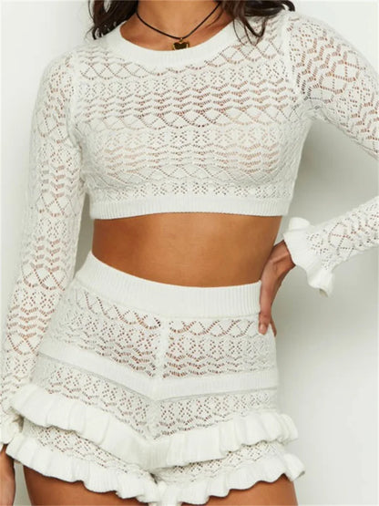 JuliaFashion - Knitted High Waist Summer Crop Tops Sweaters Suits
