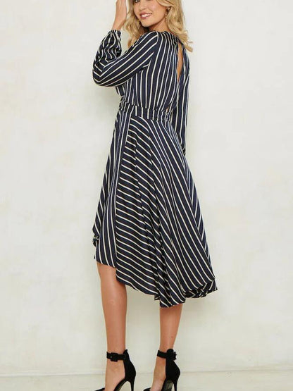 JuliaFashion-Deana Stripe Plunging Neck Midi Dress