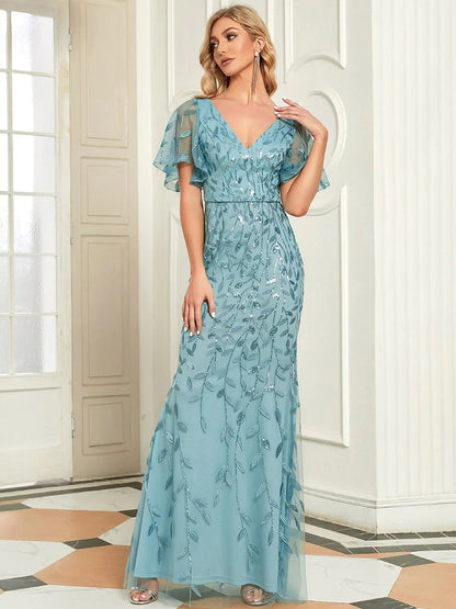JuliaFashion - JuliaFashion-Elegant Evening Dresses Long Lace V-neck Mermaid Short Slee Dress