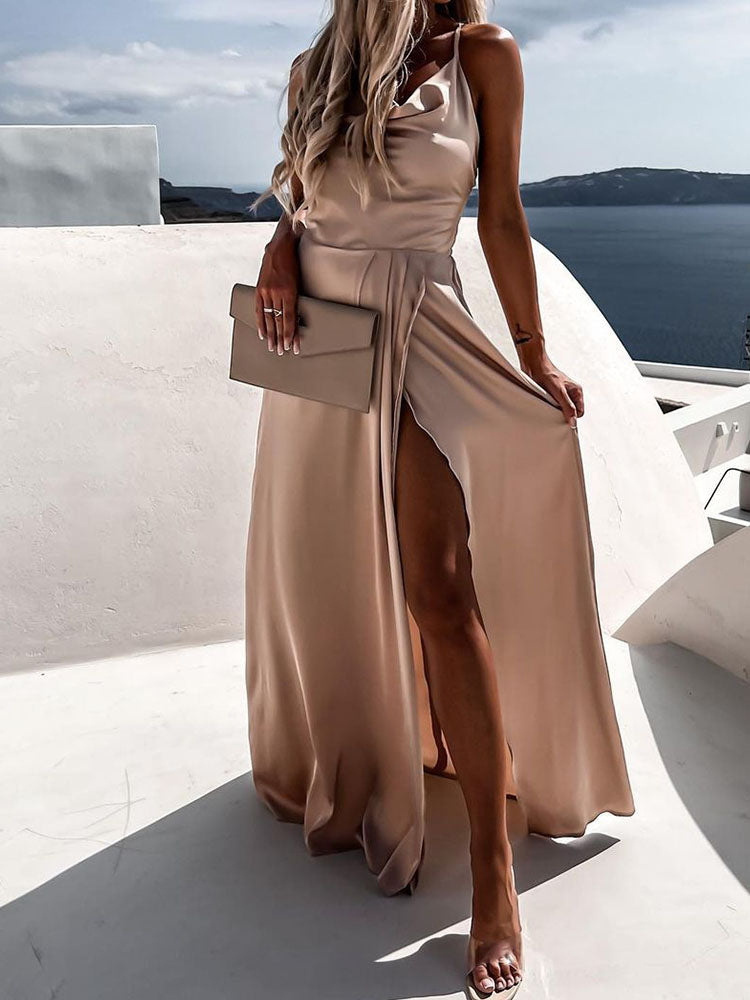 JuliaFashion - JuliaFashion-Elegant Pleated High Slit Solid Beach Cross Tie-Up Backless Dress