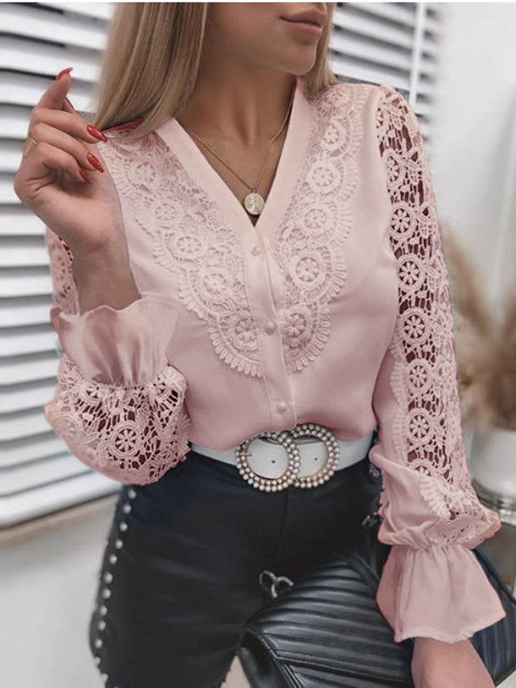 JuliaFashion-Elegant Women's Blouse Vintage Lace Spliced Long Sleeve Shirt Tops