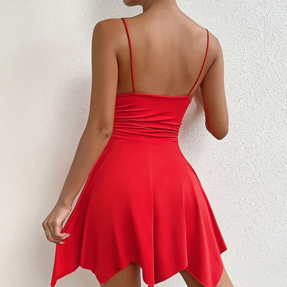 JuliaFashion - 2024 Sexy Red Halter Backless Mini Dress