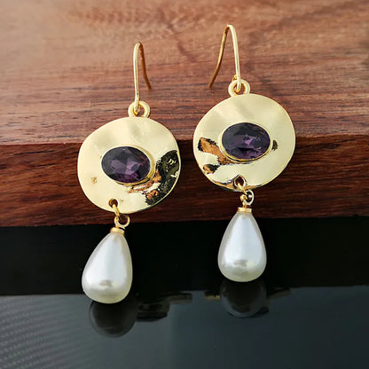 JuliaFashion - 2024 Purple Gem Gold Pendant Earrings