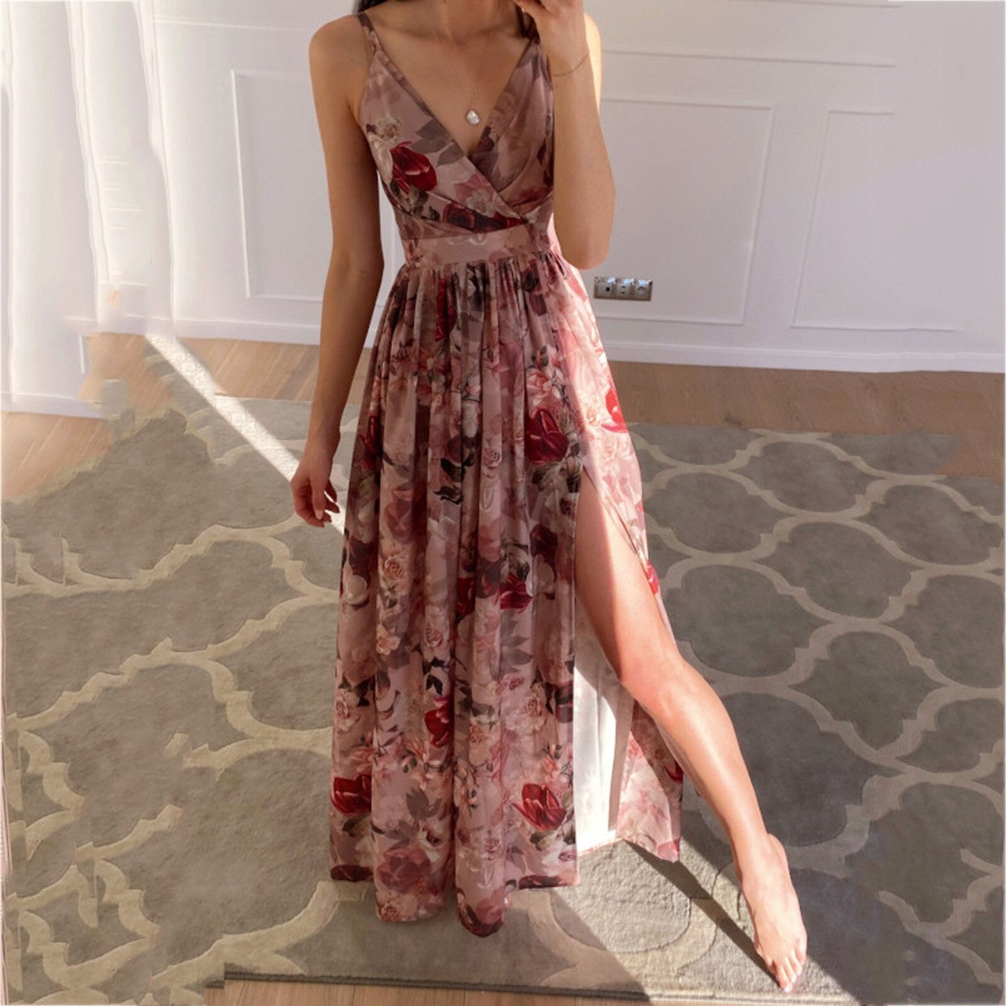 JuliaFashion-Elegant Sleeveless V-Neck Maxi Dress