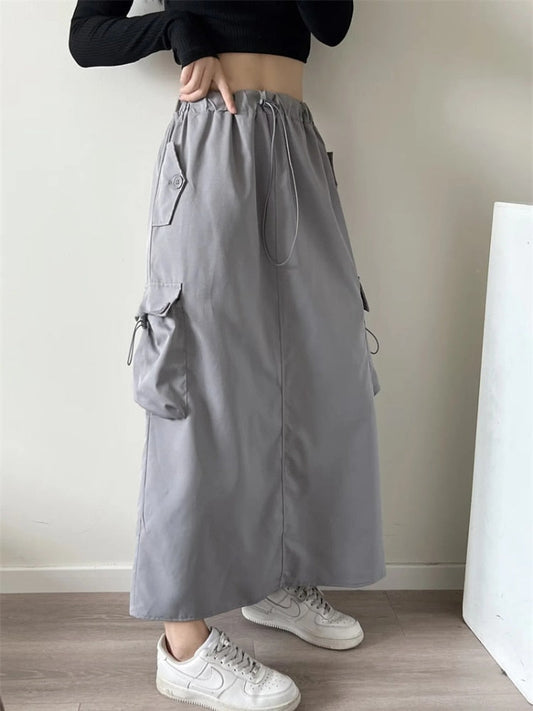 JuliaFashion-High Waist Black Cargo A-Line Midi Skirt