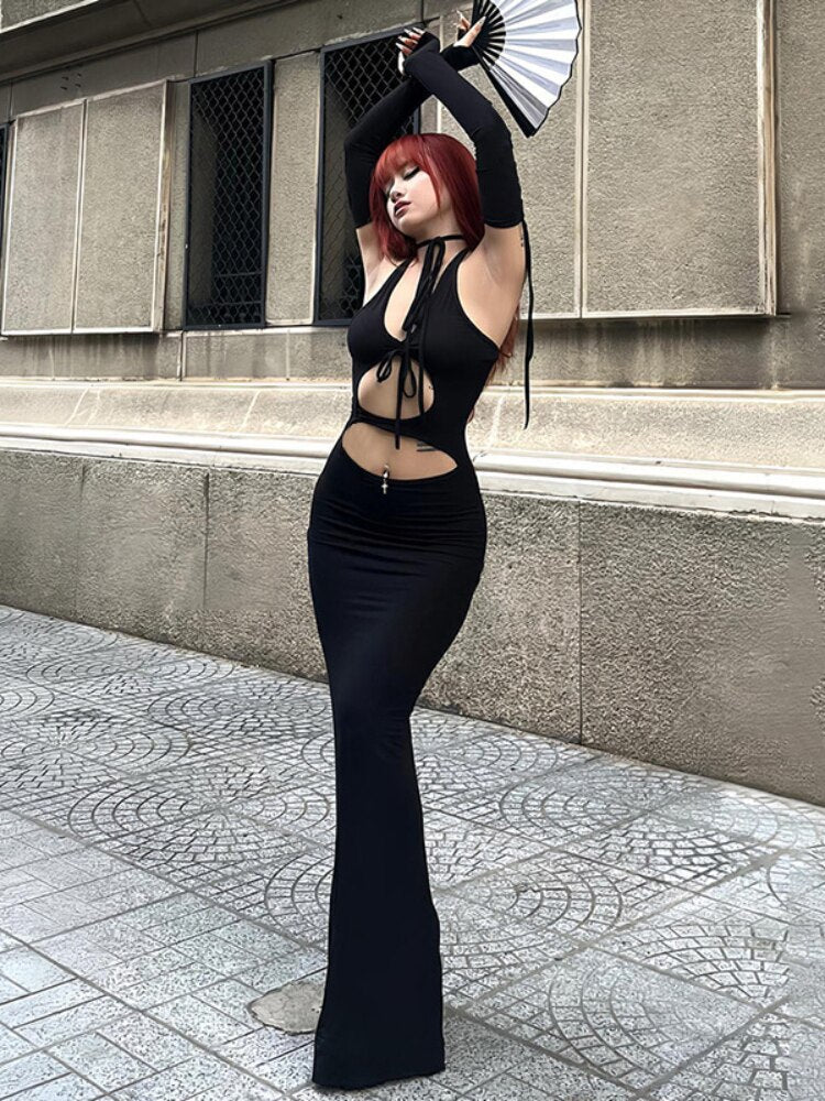 JuliaFashion-Gothic Sexy Long Cutout Maxi Dress