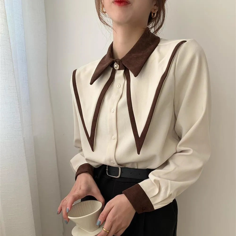 JuliaFashion - 2024 Sharp Ruffle Turn Down Collar Blouse Women Tops Korean Fashion Clothing